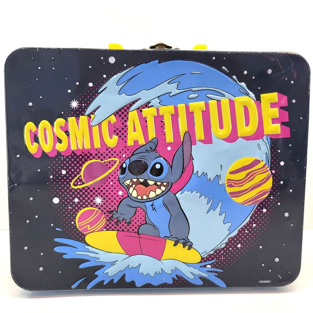 Disney Stitch Cosmic Attitude Pink Tin Lunch Box Metal Storage Case 7.5" Y2K
